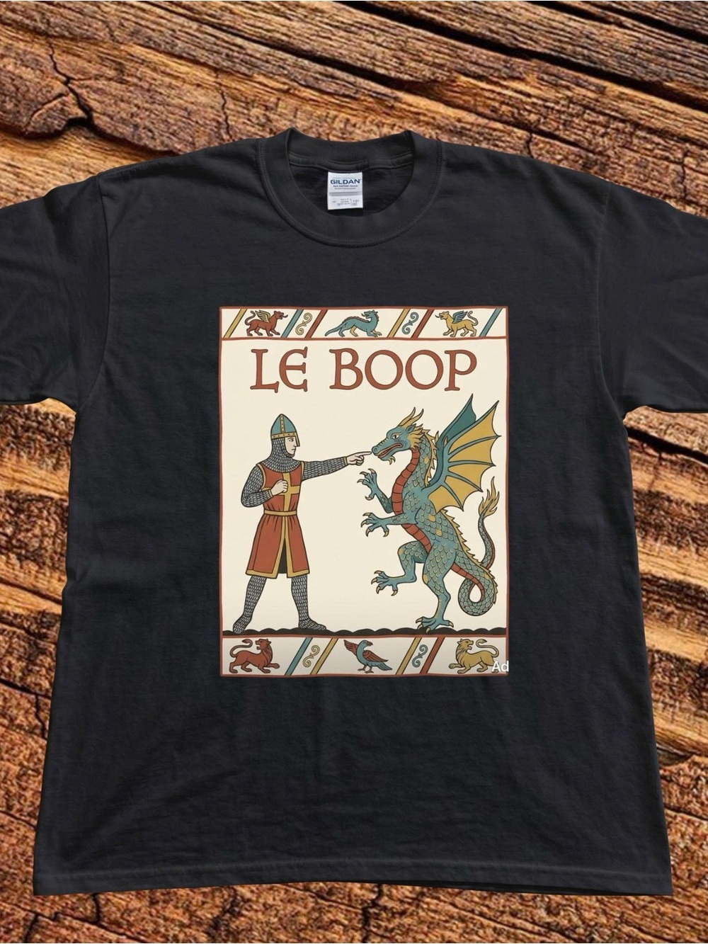 Gildan Black Tee with Multicolor Medieval Dragon 'Le Boop' Artwork